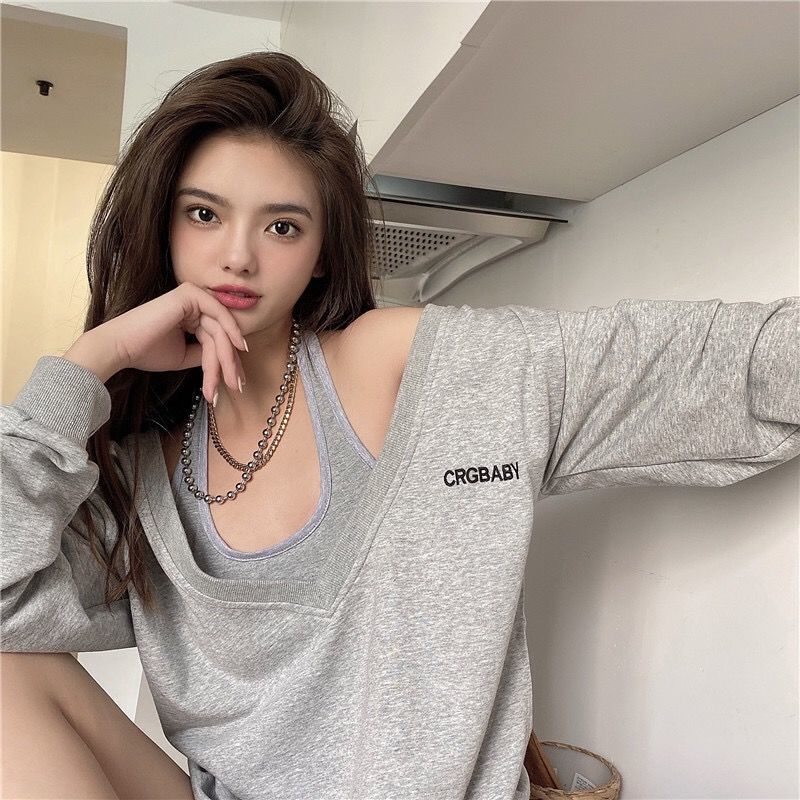 V-Neck Sweater women's thin Korean loose large size design fashion two-piece autumn off shoulder top