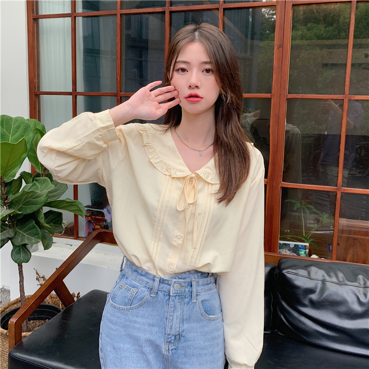 Real price 2021 early autumn new Korean loose doll collar lace up long sleeve shirt women