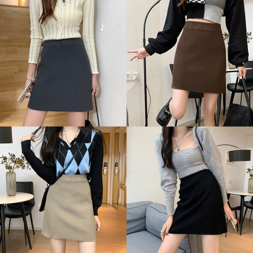 Real shooting and real price 2021 autumn new knitted skirt high waist Spice Girl wrap hip A-shaped wool skirt