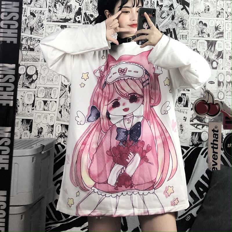 New Korean cartoon little girl Kawaii lovely girl loose long sleeve student T-shirt women's top
