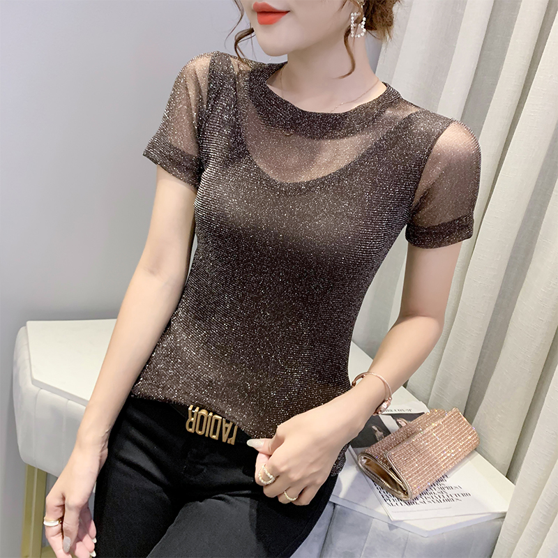 2021 new sexy mesh top summer versatile slim T-shirt Korean T-shirt short sleeve