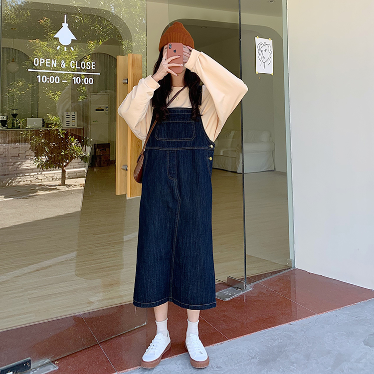 Real shot real price Korean style retro dark blue denim belt skirt