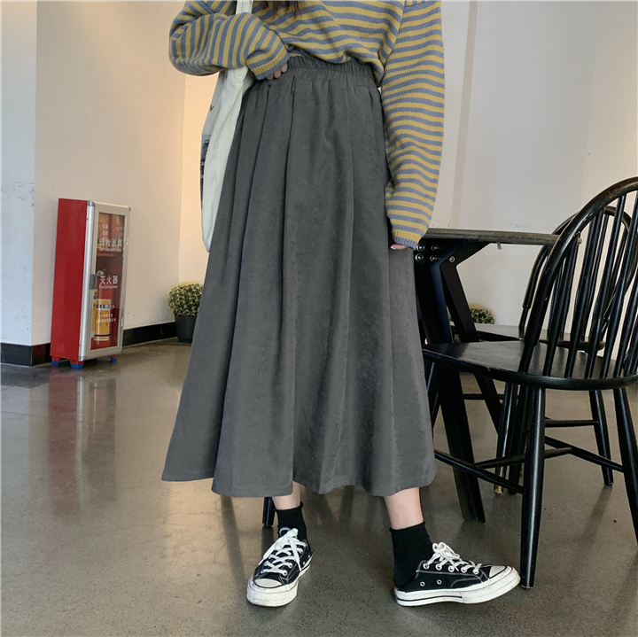 Hip covered skirt high waist mid length skirt autumn winter student long skirt slim A-line skirt