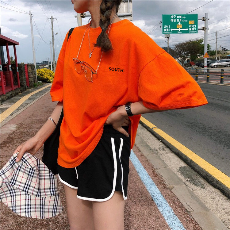 Short sleeve women's Korean loose ins super fire orange letter T-shirt student blue Harajuku BF wind weird girl's top