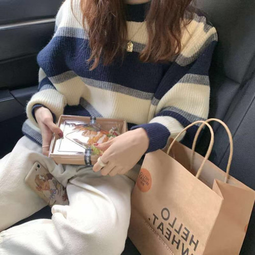 Pullover striped sweater women wear out in autumn and winter 2021 New Knitted Top loose lazy coat sweater