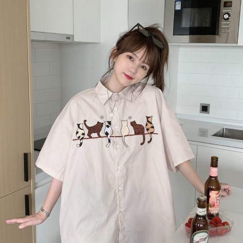 Real shot Pinstripe cat embroidery Vintage shirt