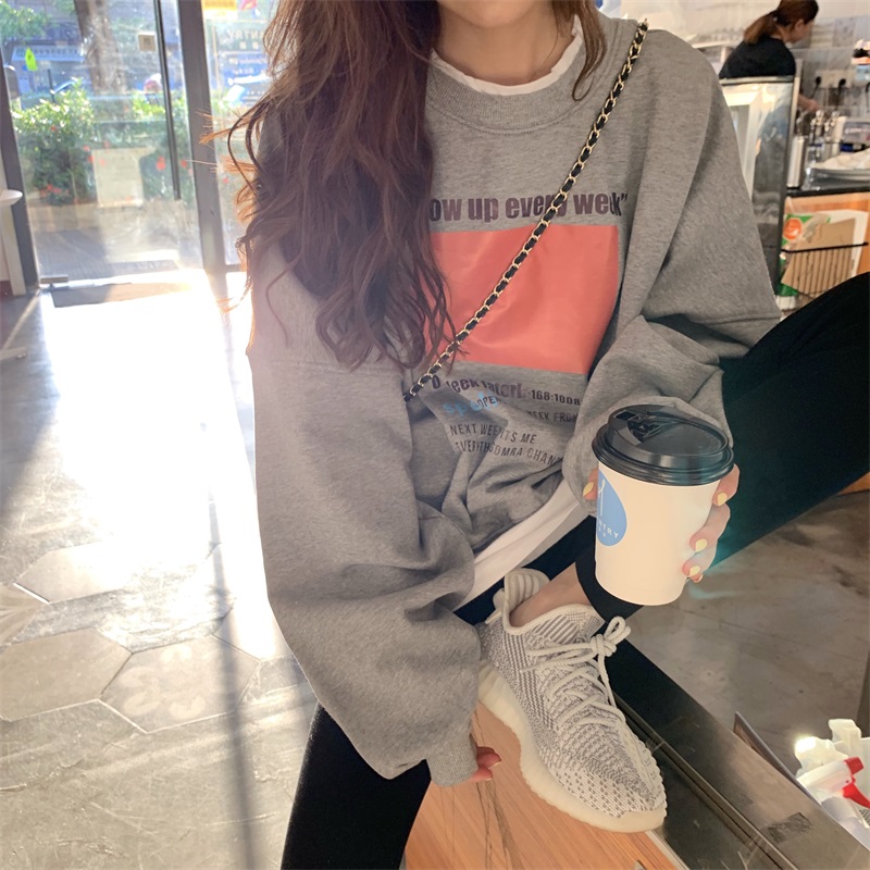 Official picture net red women's thin fake two pieces of autumn women's sweater polyester cotton