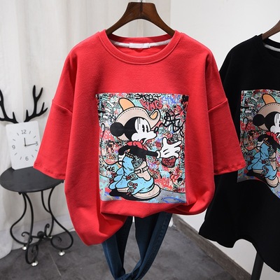 2021 new large size loose and versatile medium and long cartoon Mickey printed short sleeve T-shirt women's wear base shirt