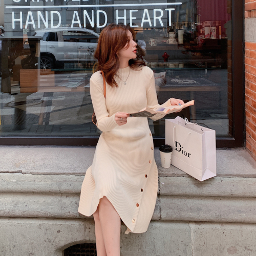 Actual shooting of new Korean women's dress in autumn and winter 2021 solid color versatile waist closing half high neck knitted bottomed dress