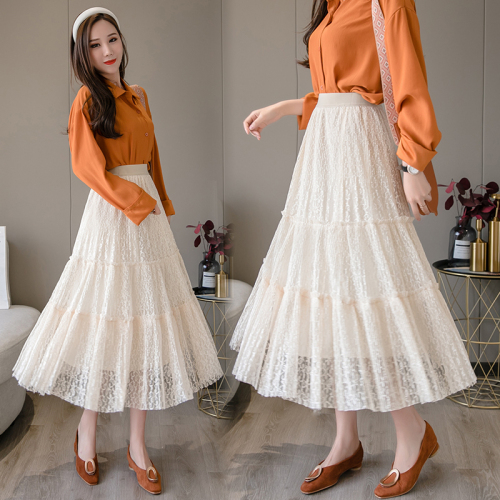 Super fairy skirt women's new style in spring and summer medium length high waist thin character large lace skirt