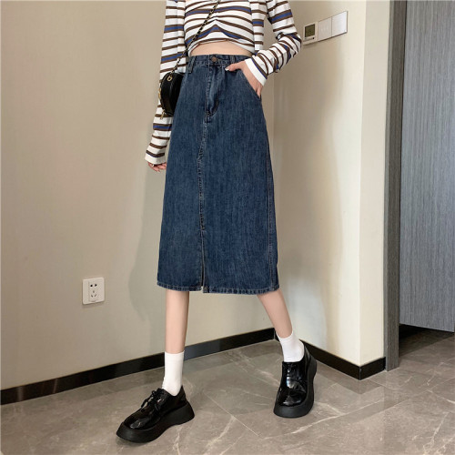 Real shooting high waist split denim skirt for women  new slim a-word Spice Girl Hip Wrap medium length skirt