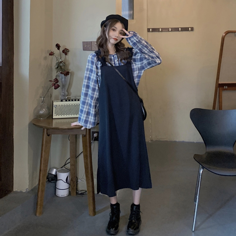 Real price Korean retro loose plaid shirt + slim ear edge mid long strap dress