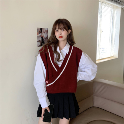 Real shot real price ~ new versatile Korean loose color contrast knitted vest sweater + white Long Sleeve Shirt