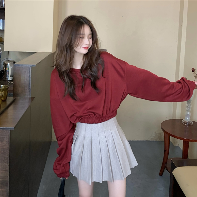 Real price! Autumn Korean wine red sweater simple elastic waist hooded loose short top