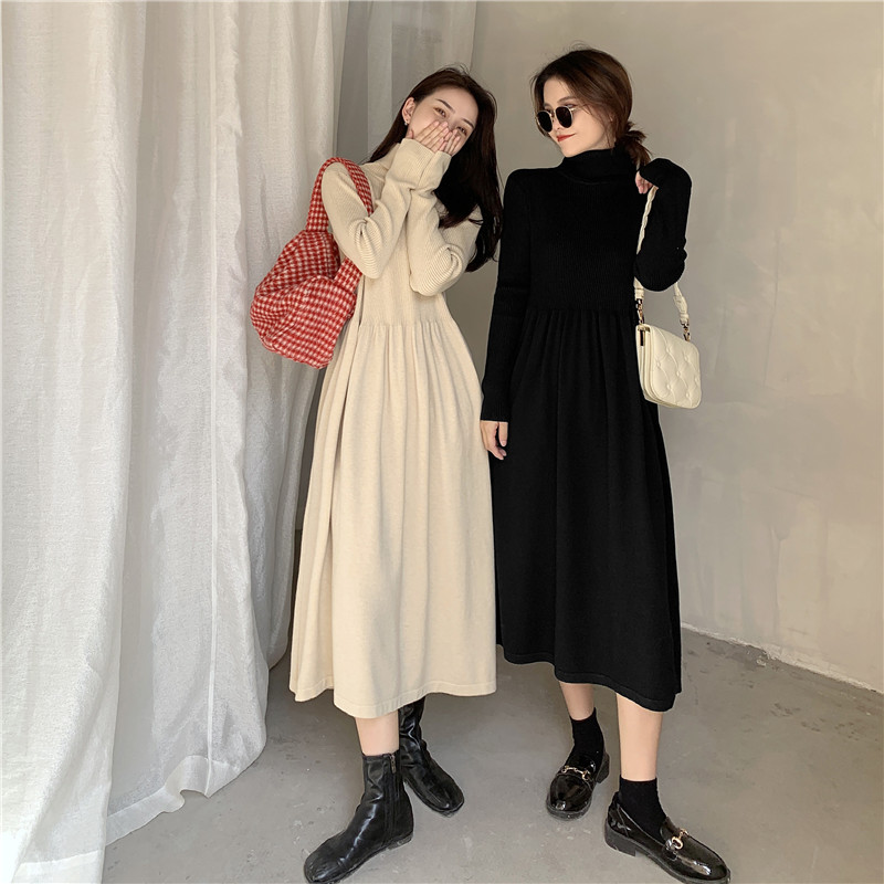 Real price autumn and winter high neck knitted dress knee length skirt high waist A-shaped dress