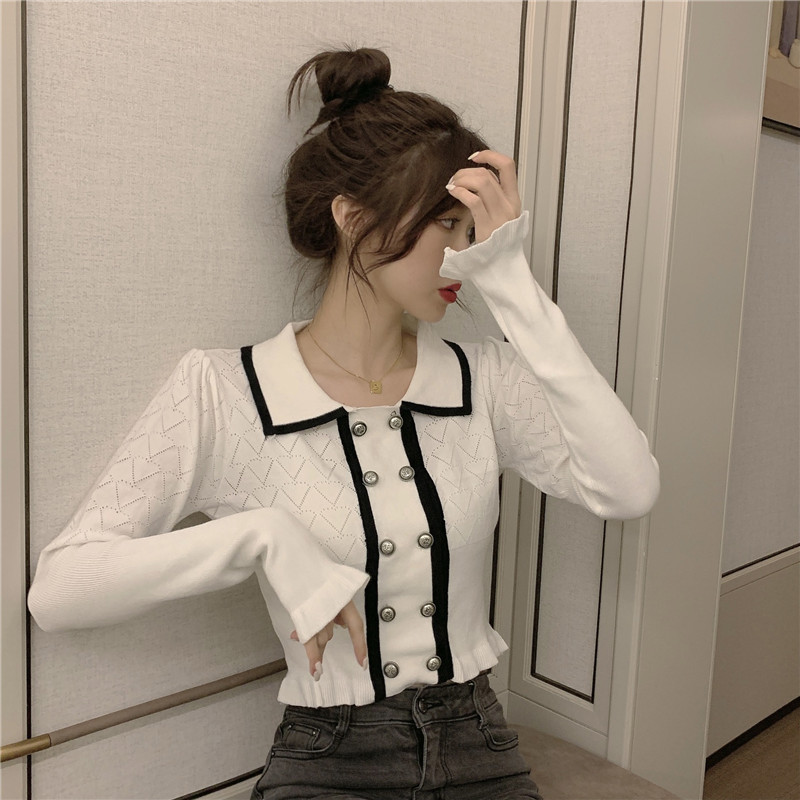 2021 spring new gentle wind short long sleeve T-shirt women's fashion Korean trumpet sleeve double breasted sweater