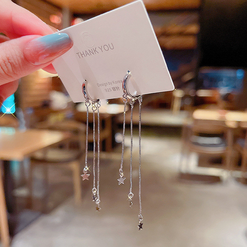 Real shot 925 silver needle Korean tassel star long earrings women's fashion net red with simple Earrings