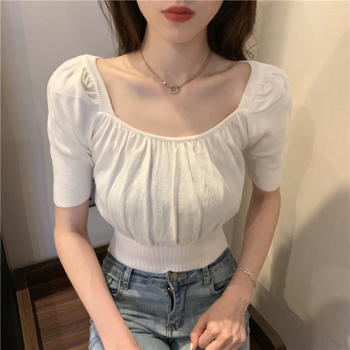 Real photo, real price, retro temperament, square neck, exposed collarbone, thin T-shirt, short sleeve, knitwear, short blouse, female