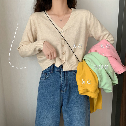 2020 new knitted cardigan women's Korean spring and autumn small short V-neck with long sleeve thin sweater coat
