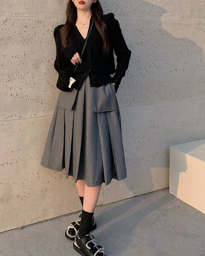 Real shot, real price, fashionable temperament 100 fold high waist skirt + bubble sleeve knitted jacket