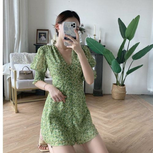 Official picture dress women's 2021 summer new floral French bubble sleeve V-neck waist length dress