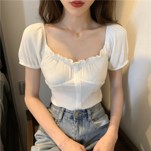 Real photo real price one shoulder T-shirt Hong Kong flavor V-neck tight sexy short sleeve top summer sweet show thin temperament show collarbone