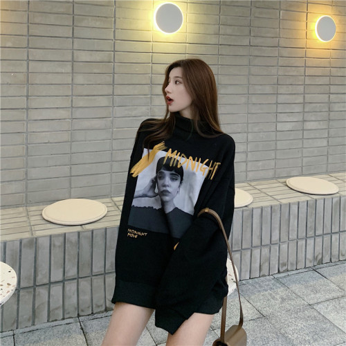 Real price autumn and winter retro high collar medium and long pasted cloth portrait with plush Pullover long sleeve loose sweater