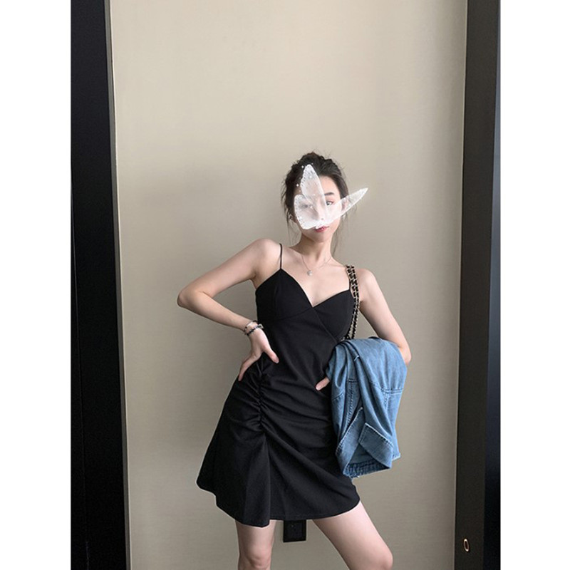 Black short Pleated Dress women's new high waist slim bag hip suspender skirt small black skirt