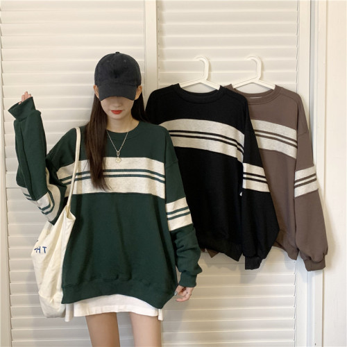 Real price real shooting ~ color matching striped sweater women's 2021 autumn new Korean loose round neck Pullover Jacket