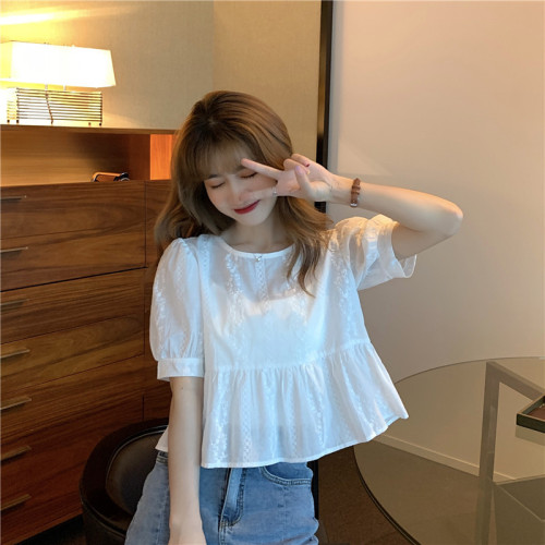 Design sense small foreign style shirt women's Xiahan series bubble sleeve short style transparent top fairy style lace shirt