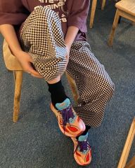 Real price black and white plaid casual pants high waist lazy pants wide leg mop cool checkerboard pattern