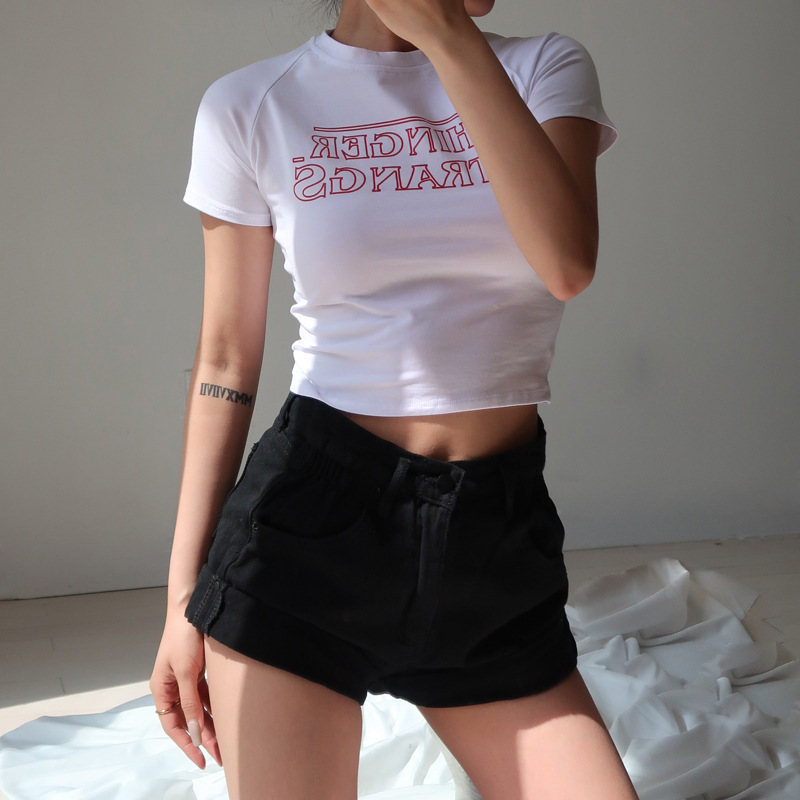 Letter short sleeve T-shirt women's summer wear Korean fashion net red student short high waist navel tight fitting clothes