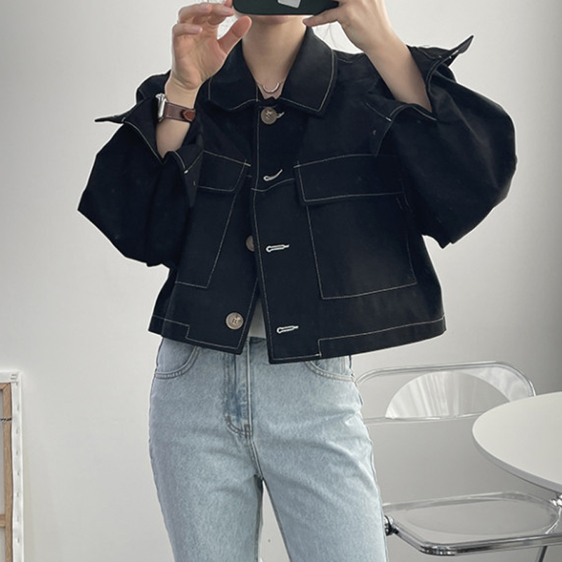 Korean chic early autumn retro Lapel single breasted bright line contrast design loose large pocket cardigan short coat women