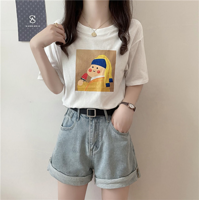 Summer 2021 New Retro Art Print small round neck loose super fire white short sleeve T-shirt
