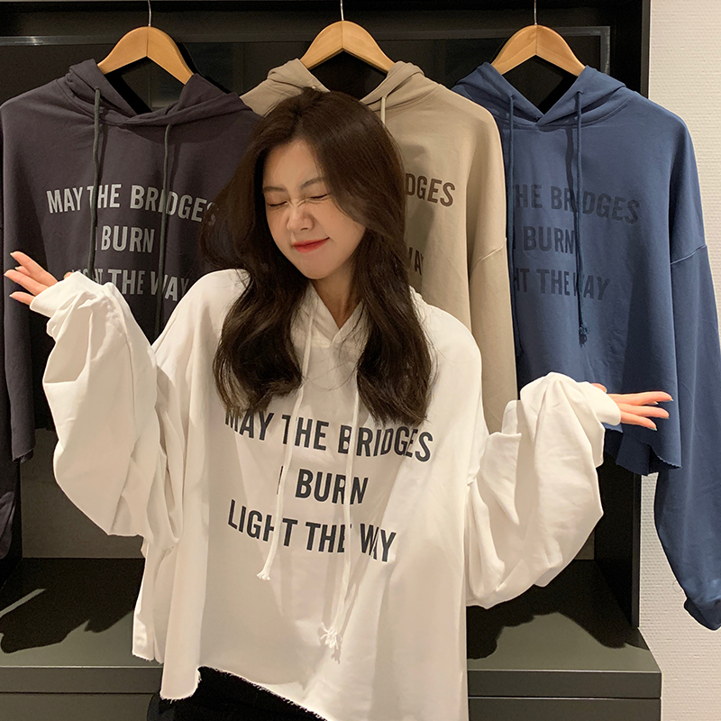 Real shooting 2021 letter printing loose short hooded sweater women's spring and autumn coat double hat