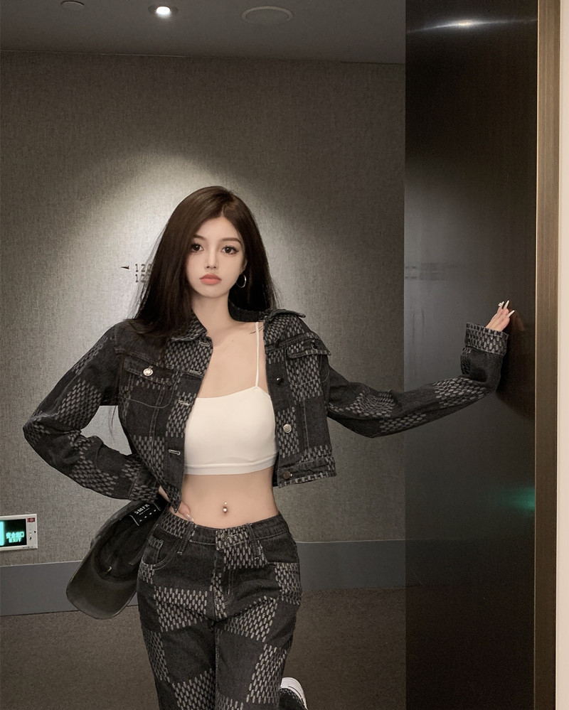 Real price black flower checkerboard denim suit short coat thin low waist micro pull denim leisure pants