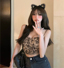 Real price real shot Vintage printed string suspender vest women's fashion slim chest revealing navel top