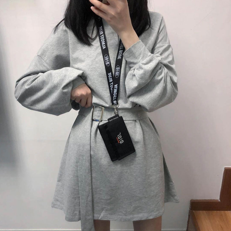 Real shot Korean version solid color long sleeve waist closure lace up medium long loose dress T-shirt versatile blouse women