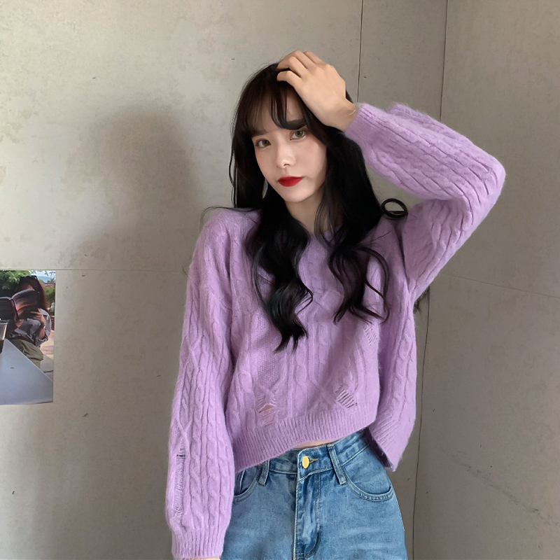 Korean new loose twist V-neck short long sleeve Knitted Top
