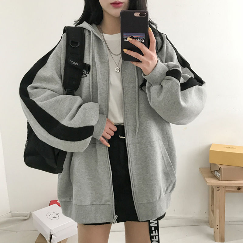 Spring and autumn new Harajuku style sweater women's hooded split cardigan student sports long sleeve coat grey top