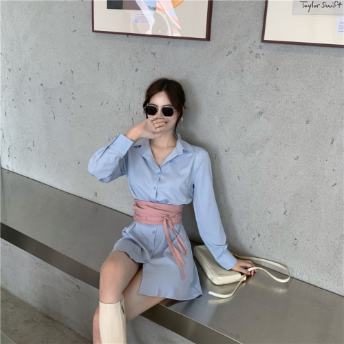 Real price, real shooting gas, little sister, medium and long color contrast waist seal long sleeve shirt skirt, women's early autumn waist closing dress