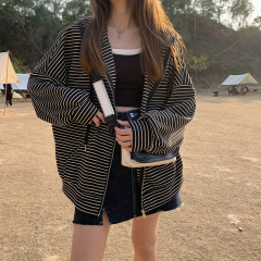 Official picture thin women's hooded striped cardigan zipper