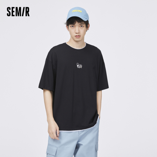 Senma short sleeve t-shirt men's 2021 summer new loose bottomed shirt round neck Pullover fake two-piece top color contrast fashion