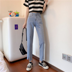 Real shooting autumn and winter high waist elastic simple solid color versatile straight jeans pipe pants women