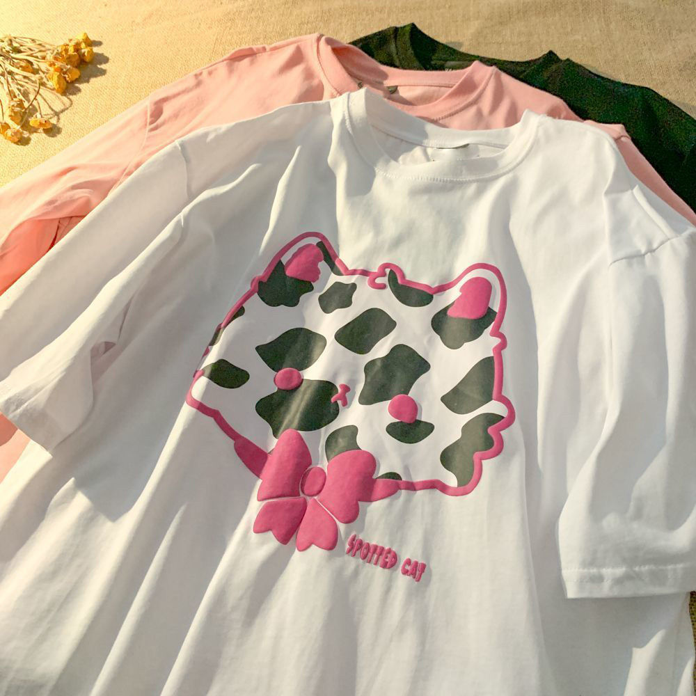 2021 double ground milk silk summer T-shirt girl short sleeve student lazy print medium long T-shirt girl