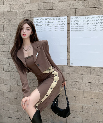 Real shooting and real price recommend irregular design coffee color bra dress short suit coat