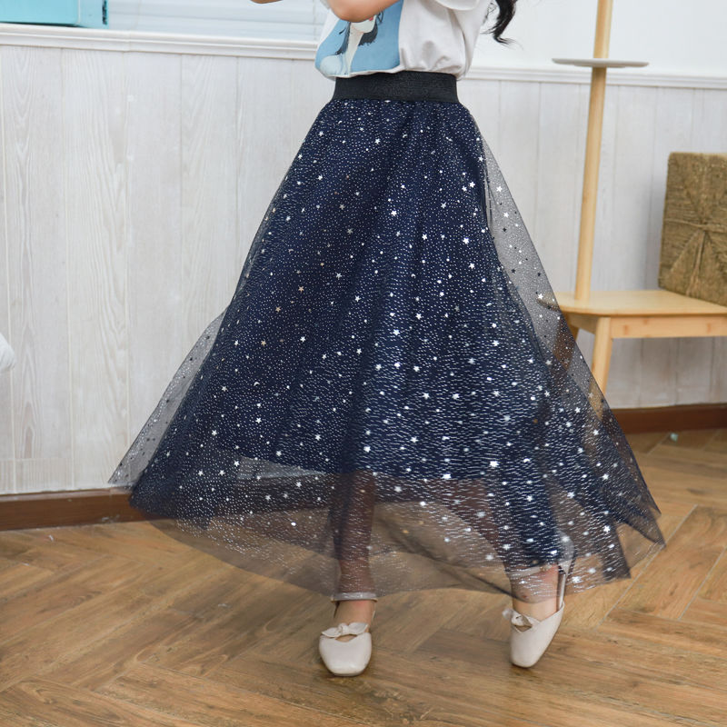 Girls' half length dress mid length 2020 new Xia Zhong Da Tong Korean version star sky dress parent child dress mesh skirt