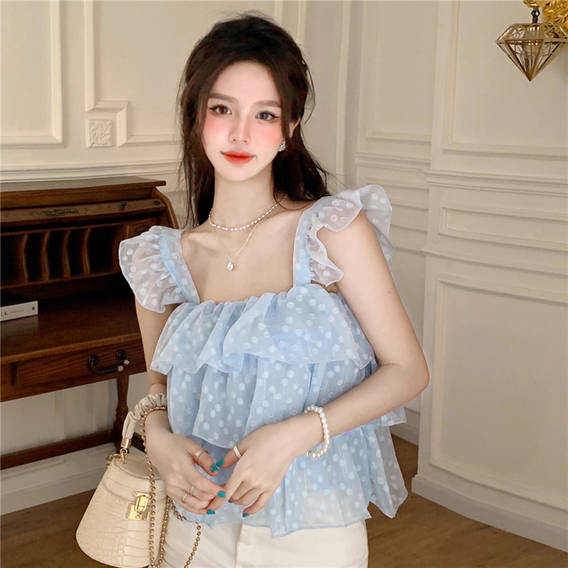 Real shooting summer new wave point chiffon shirt Ruffle suspender vest girl's baby shirt sleeveless top