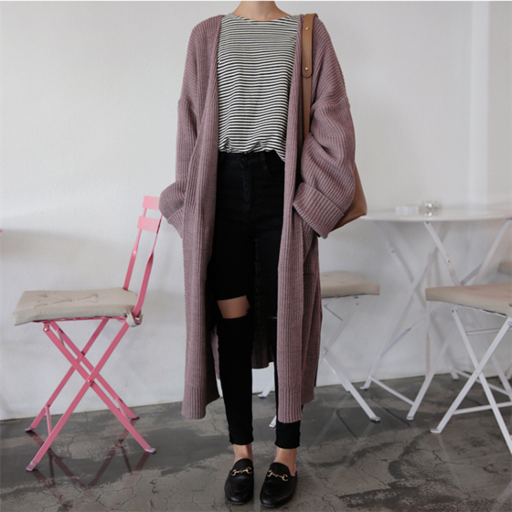 Retro Korean chic medium length curled solid color lazy loose knitted long sleeve sweater jacket for women