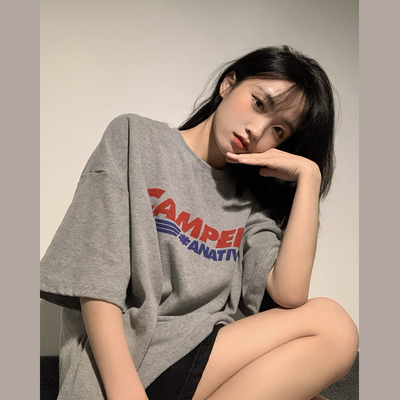 Grey short sleeve T-shirt for women's summer 2021 new loose design fashion